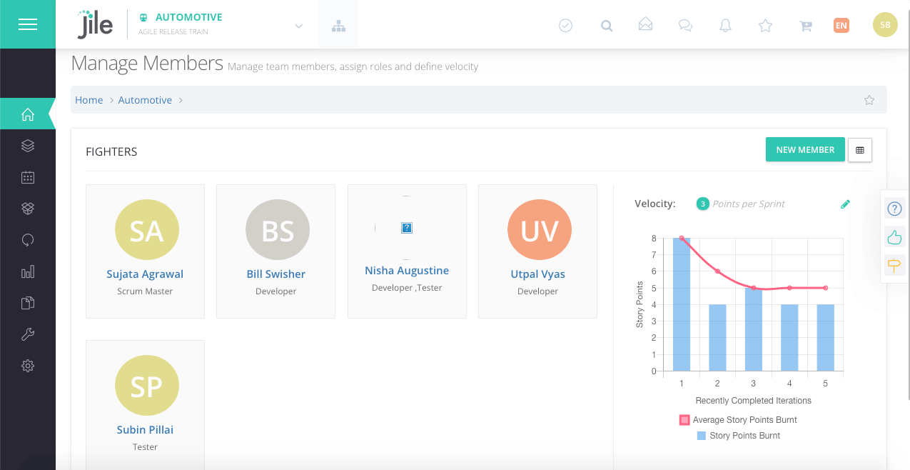 Manage team members dasboard