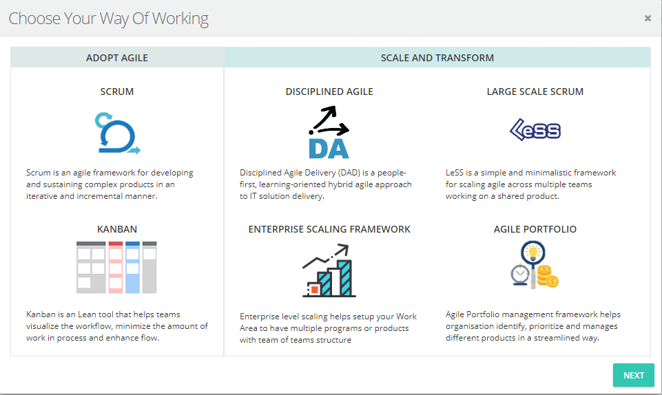 Six ways of working - Scrum, DA, LeSS, kanban, SAFe, Agile Portfolio